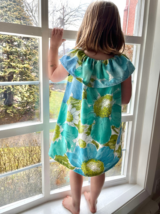 Second image of UPCYCLED SUNDRESS IN GREEN & BLUE FLOWER 2Y & 4Y