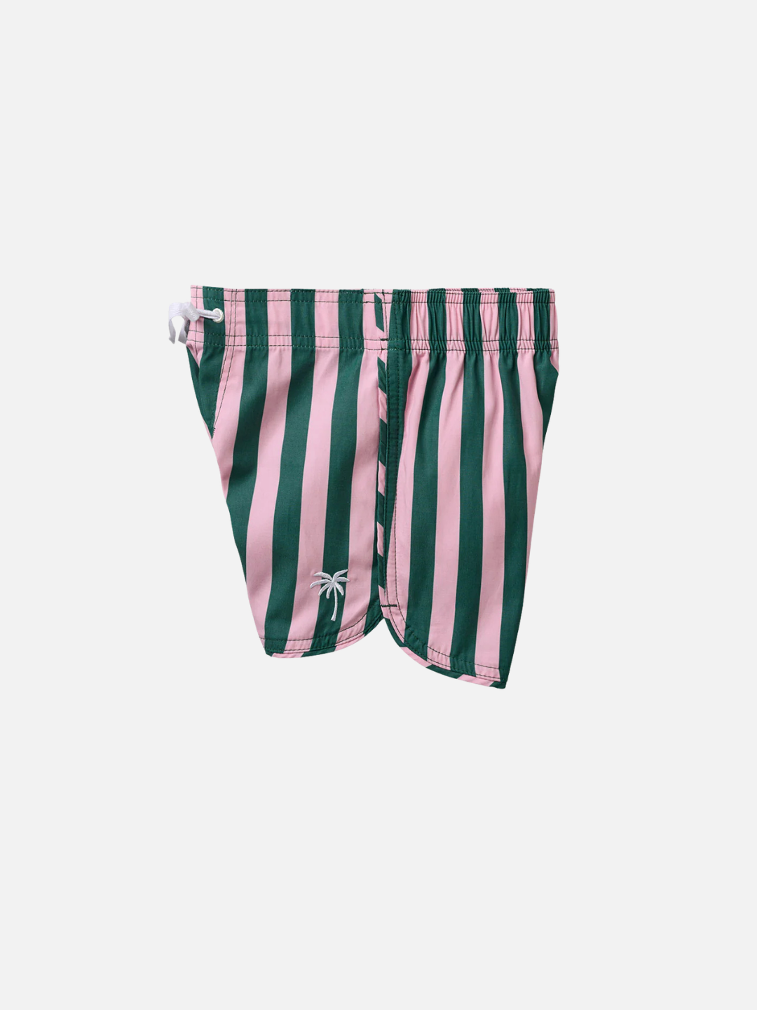 RETRO FLARE BOARDSHORTS CABANA STRIPE: Green and pink vertical striped surf shorts with a white drawstring and small palm tree logo on the left leg, made from recycled polyester, shown on a plain white background.