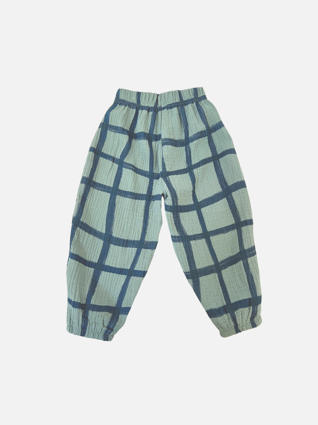 Sage/Slate Blue | The PAINTBRUSH CHECK MUSLIN PANTS in sage and slate blue feature an elastic waistband and cuffs, with a loose-fitting plaid pattern, displayed on a white background.