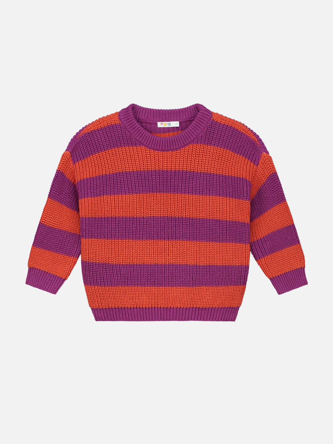 Lollipop | The STRIPES SWEATER, in a vibrant Lollipop color combination, features horizontal orange and purple stripes along with long sleeves and a round neckline.