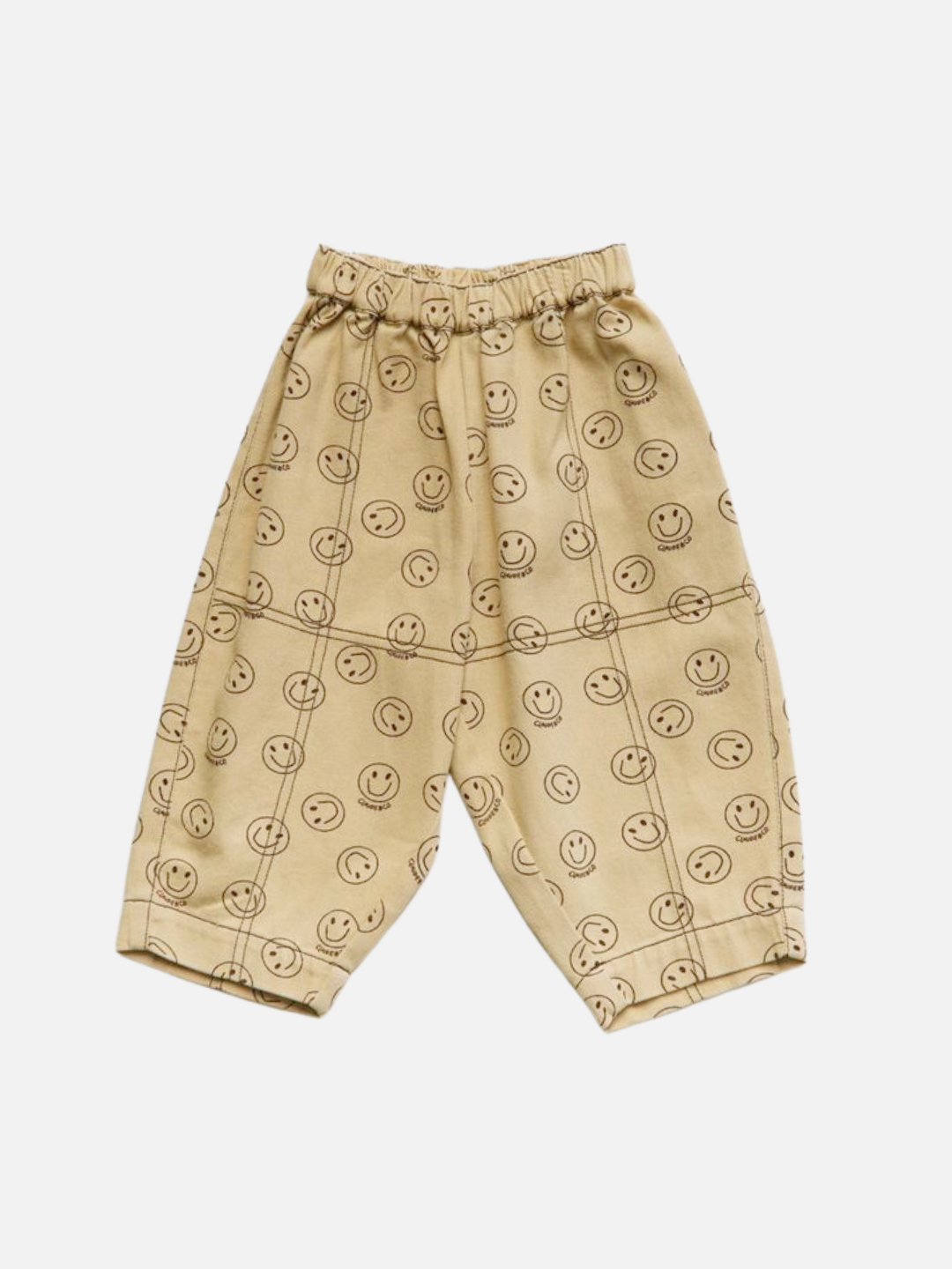 The REX JOY BUTTER TROUSER features an elastic waistband and an all-over brown smiley face print on beige fabric, perfect for kids.