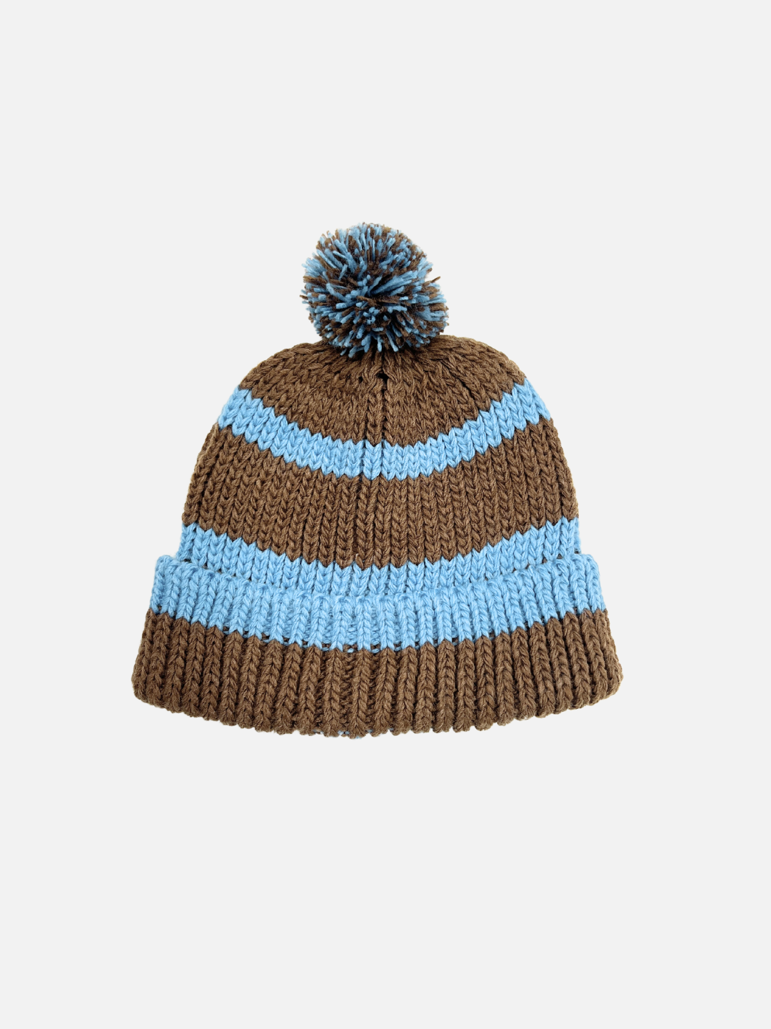 Blue | Blue stripes on brown hat with a blue and brown pompom. 