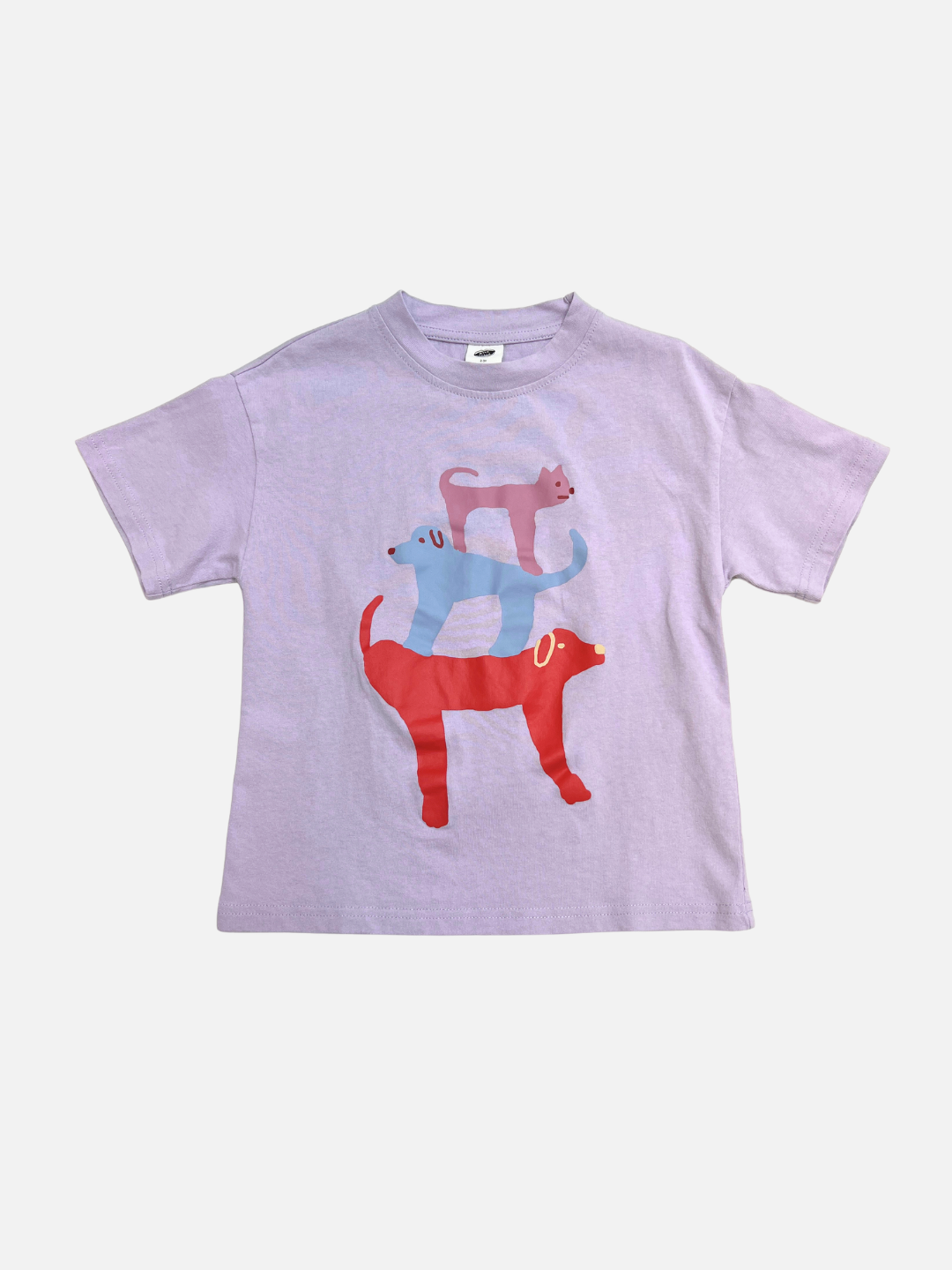 Lavender | The ANIMALS TEE is a lavender kids oversized t-shirt with a playful graphic of three stylized dogs and cats stacked in red, blue, and pink—perfect for kids that love pets.