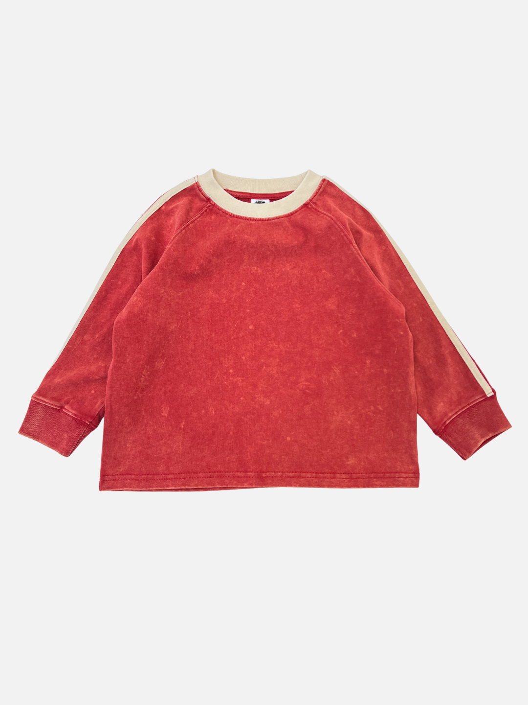 Red | The HALFTIME LONGSLEEVE is a red, vintage-inspired sweatshirt with cream collar and sleeve stripes, shown laid flat on a white background.