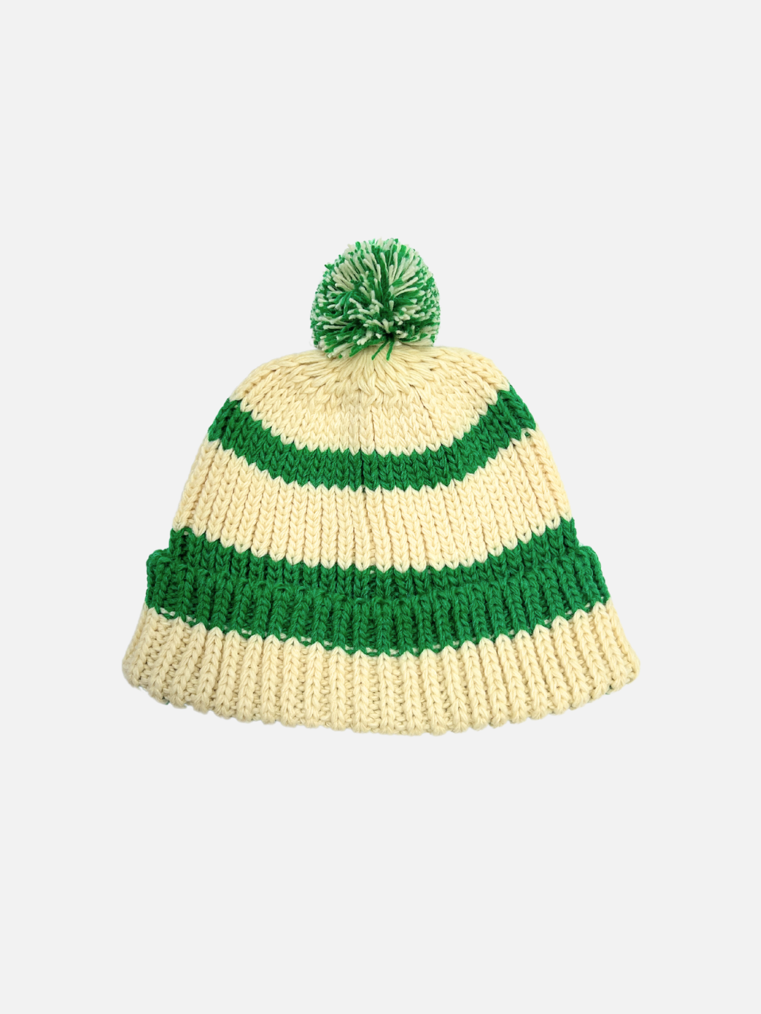 Green | Front view of the green stripe ivory hat with green pompom