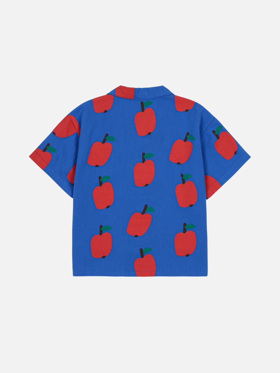 A blue, short-sleeved shirt with a red apple pattern, named the APPLE SUMMER SHIRT, is shown flat from the back.