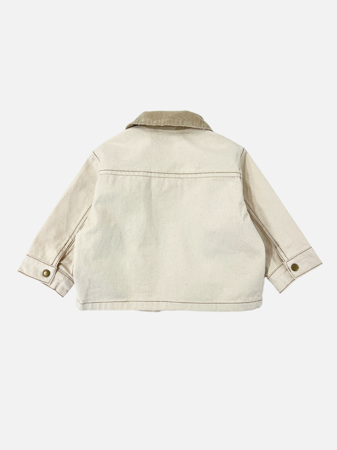 Natural | Back view of kids ecru denim jacket with beige corduroy collar.