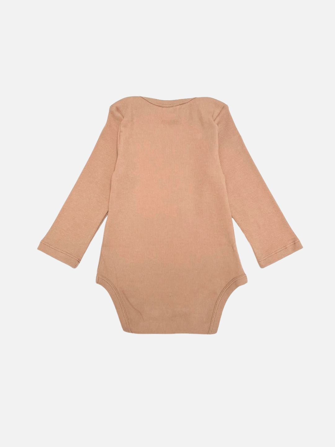 The SATURN LONG SLEEVE ONESIE is a light brown, ribbed cotton baby bodysuit with long sleeves, designed for easy diaper changes and shown laid flat on a white background.