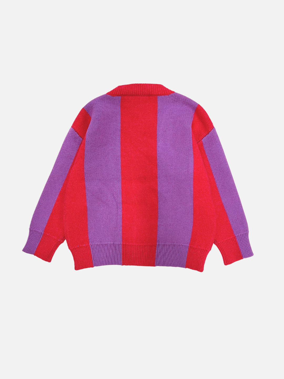 The STRIPE CARDIGAN is a knit sweater featuring wide vertical stripes in red and purple, displayed from the back against a plain white background.