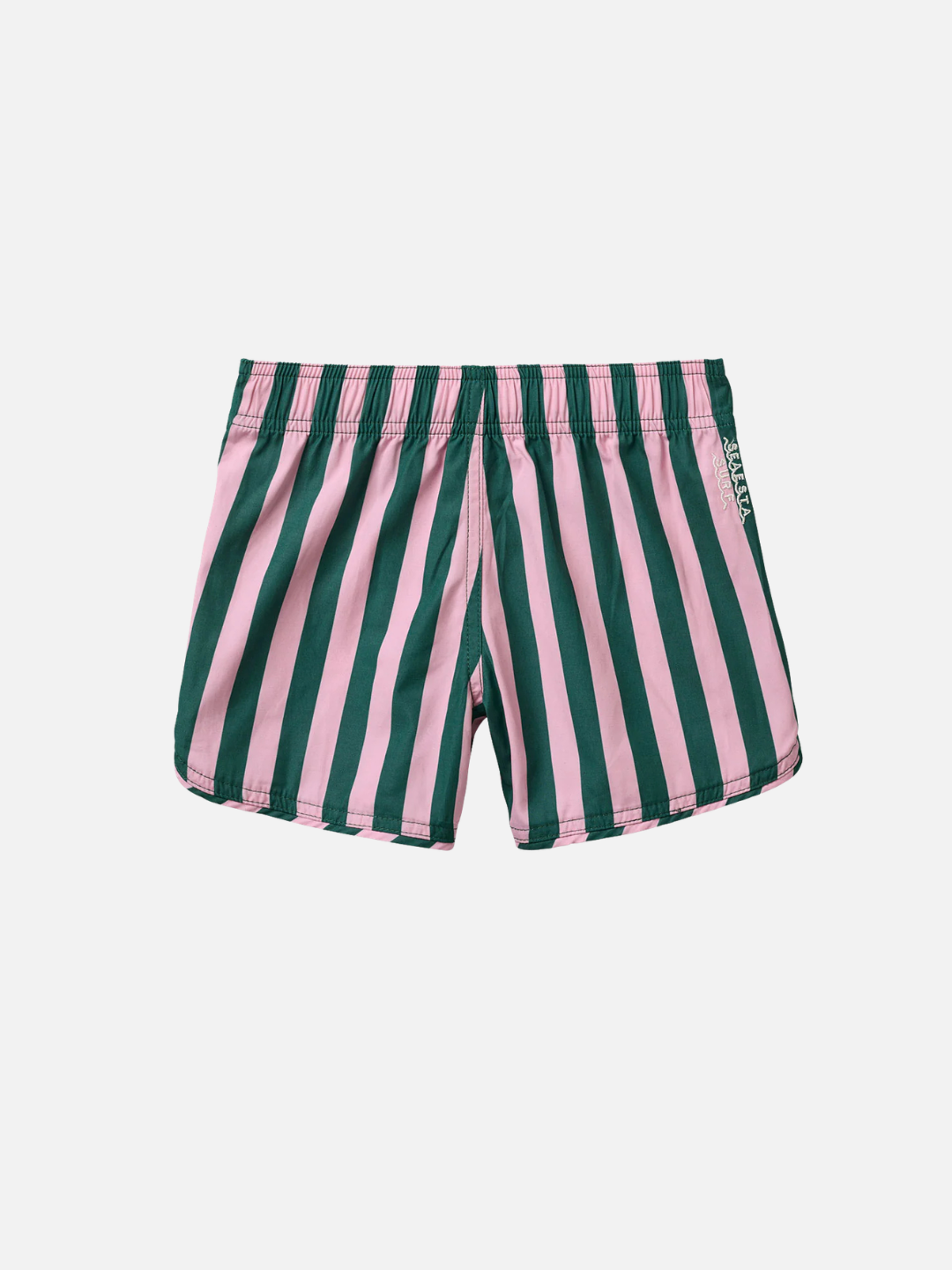 Pink Palms | RETRO FLARE BOARDSHORTS CABANA STRIPE—green and pink vertically striped swim shorts with a scalloped hem and elastic waistband, made from recycled polyester, shown on a plain white background.