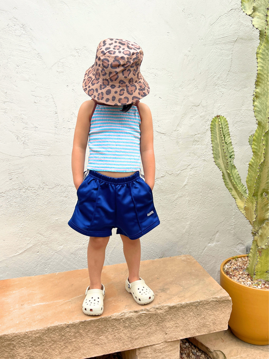 Second image of Front view of the kid's Calico Crab Bucket Hat in Cheetah Print
