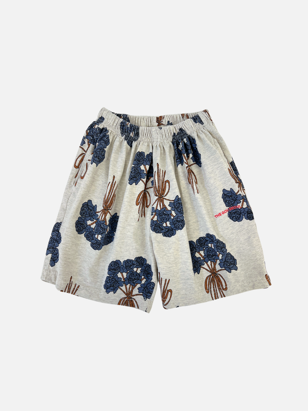 White Melange | Front view of the kids' Bouquet Shorts. Warm gray cotton fabric with an all-over navy roses bouquet print. 