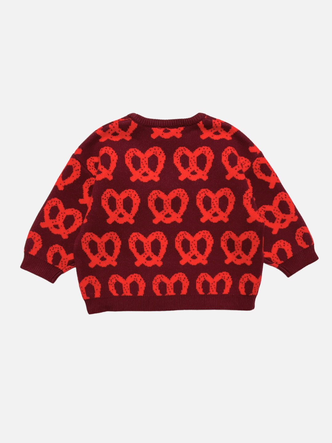 Red | A long-sleeve knit sweater in deep burgundy with an all-over bright red pretzel pattern, shown flat against a light gray background.