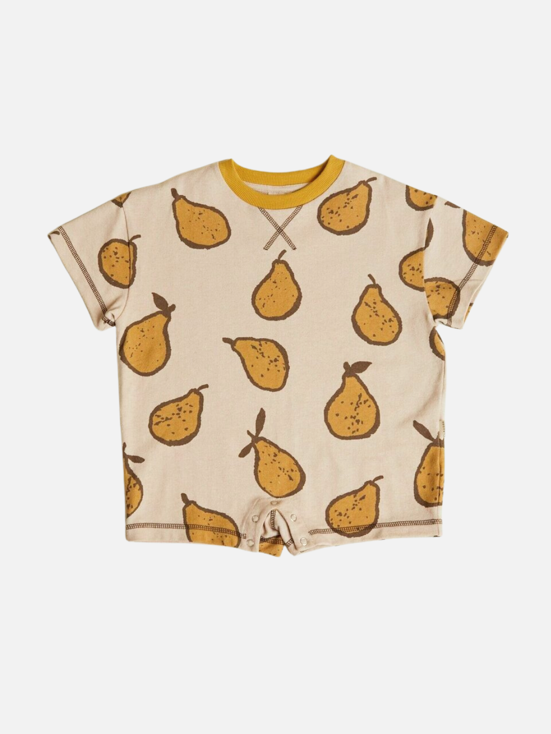 The OPAL ALMOND PEAR ROMPER is a short-sleeved baby romper featuring a yellow collar and a brown pear print on a beige background.