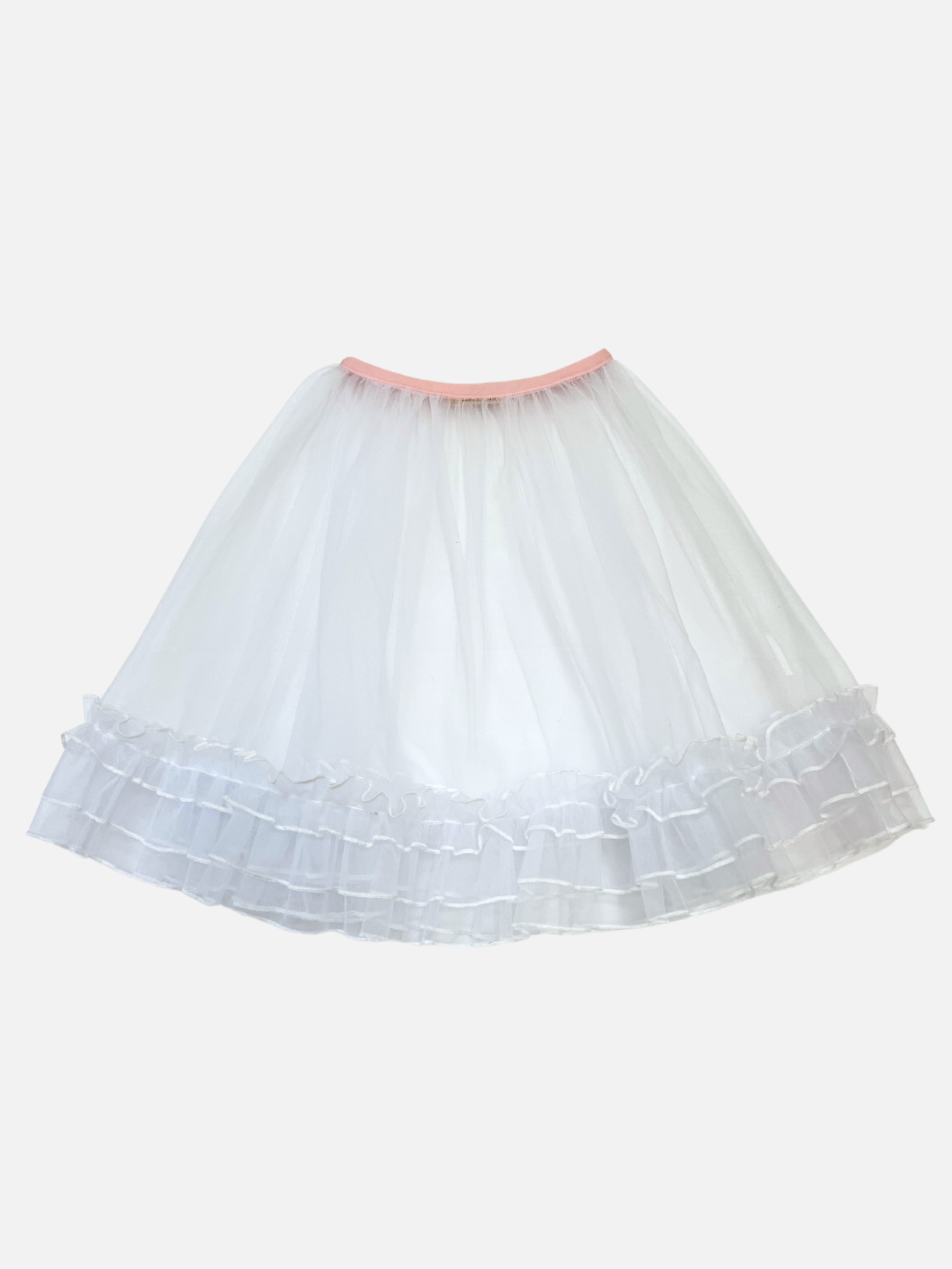 A front view of the kid's tulle layer skirt, white with a pink waistband