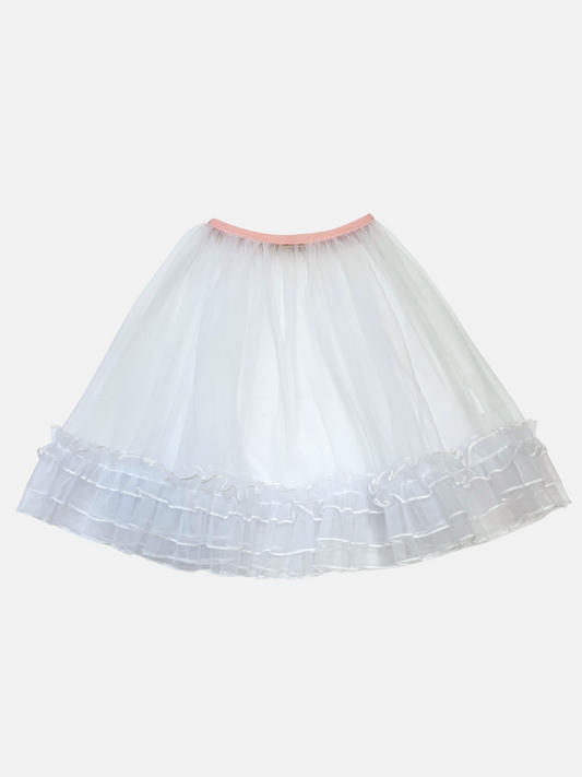 Image of A front view of the kid's tulle layer skirt, white with a pink waistband