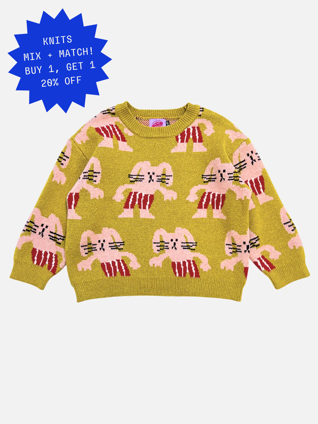 The MAX SWEATER is a green knit sweater with a repeating pattern of pink cartoon rabbits featuring red stripes.