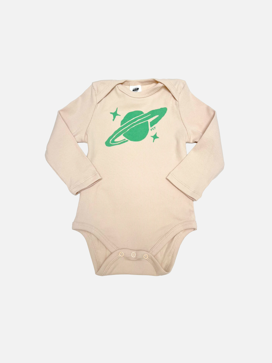 The SATURN LONG SLEEVE ONESIE is a beige ribbed cotton bodysuit with a green planet and stars graphic, featuring three snaps at the crotch for easy diaper changes.