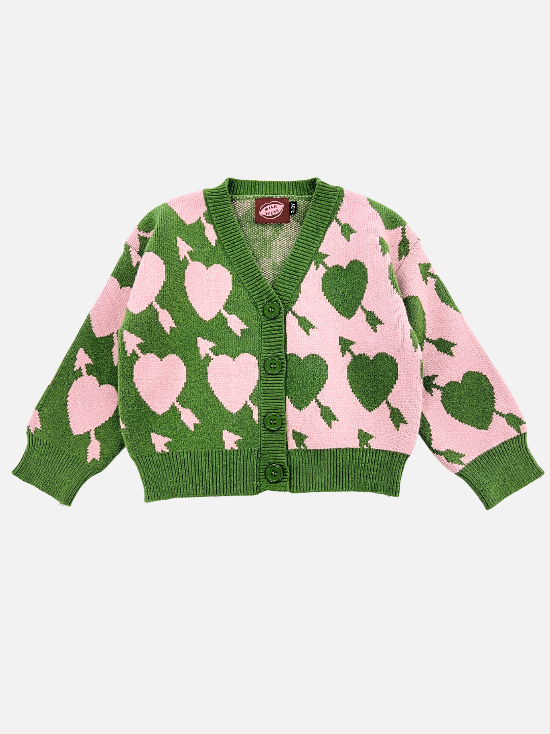 The LOVESTRUCK CARDIGAN is a green cardigan decorated with pink heart and arrow patterns, featuring green buttons running down the front. For detailed photos and measurements, please refer to the description provided.