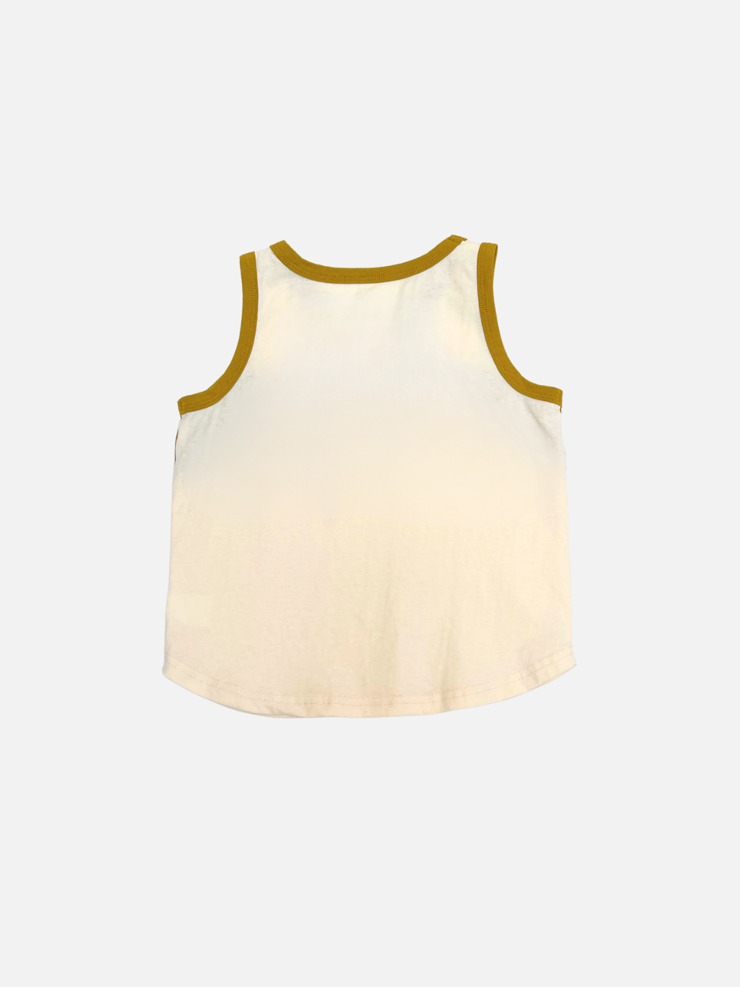 The TRACK TANK is a relaxed fit, colorblocked cotton tank top in cream with mustard yellow trim at the neck and armholes, inspired by vintage sportswear, shown flat on a white background.