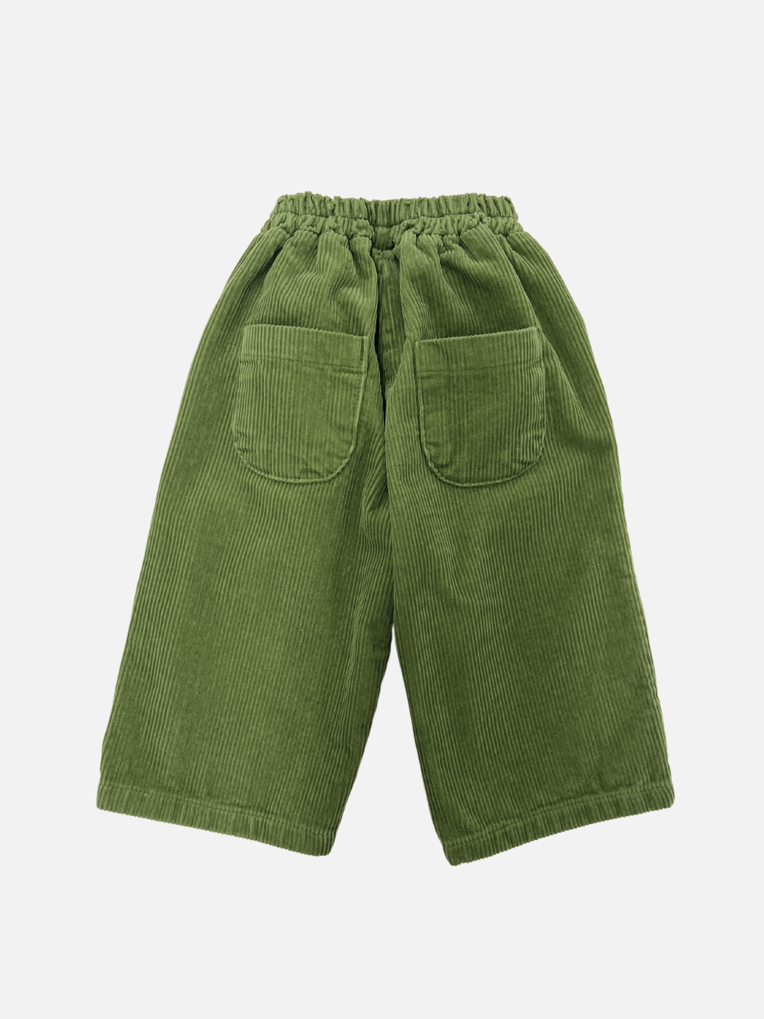 Moss | Back view of kids wide-leg corduroy pants in moss green, showing two rounded back pockets.