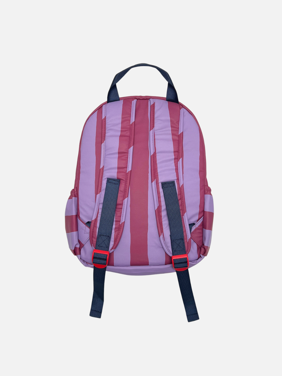 Purple Stripe | A maroon and purple striped backpack with dark navy straps and red buckle details, shown from the back on a light gray background.