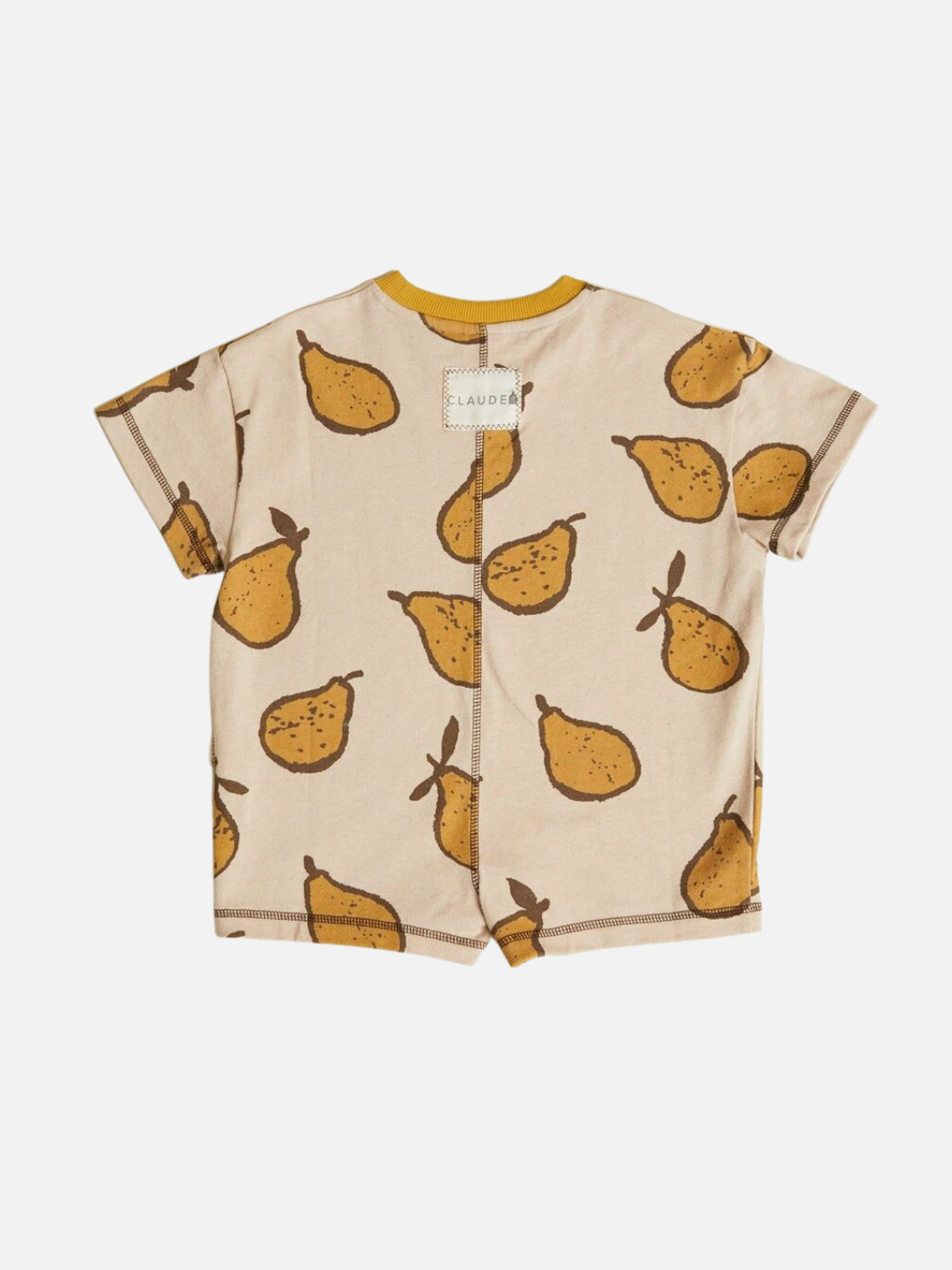 The OPAL ALMOND PEAR ROMPER is a beige short-sleeve children’s romper with a yellow collar, a repeating pear pattern, and a visible back label.