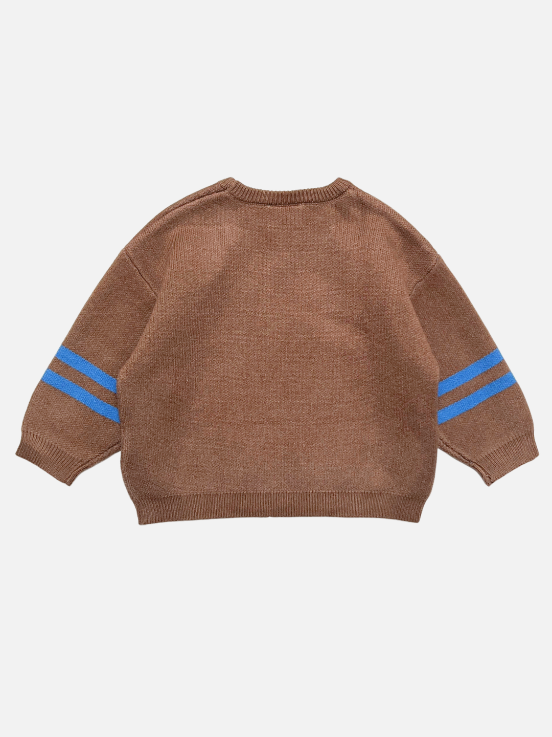 A brown knit sweater shown from the back, featuring two blue stripes on each sleeve, laid flat against a light gray background.