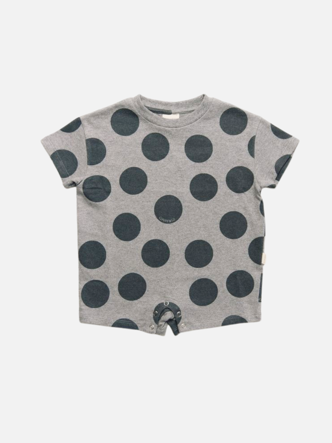 The OPAL MARL SPOT ROMPER is a gray baby romper featuring large black polka dots, snap closures at the crotch, and a round neckline.