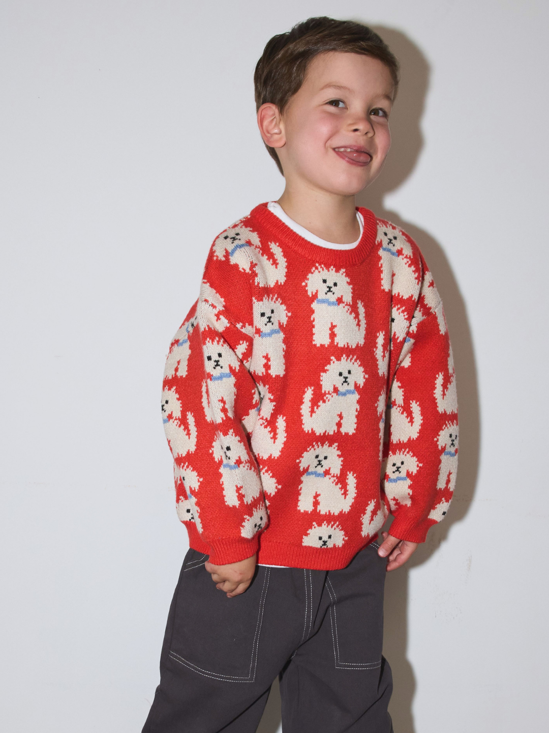 A young boy wearing a orange-red crewneck sweater with a repeating pattern of white fluffy dogs, paired with dark gray pants, standing against a plain light gray wall.