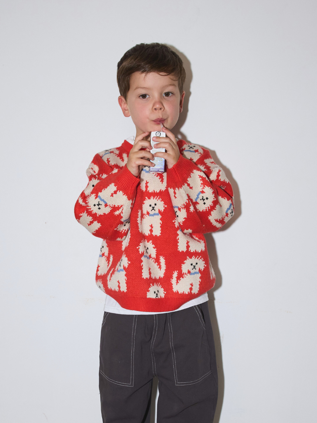 A young boy wearing an orange knit sweater with a white dog pattern, holding a small carton to his mouth against a plain light gray background.