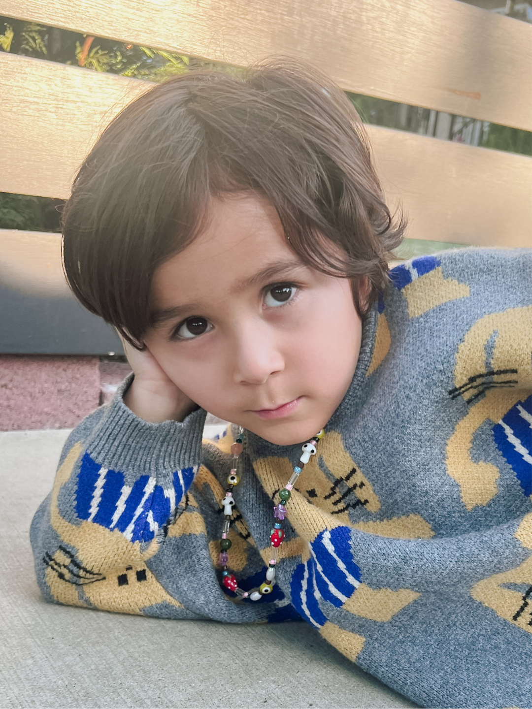 A young child with dark hair, wearing a gray and blue patterned sweater and the GAIA NECKLACE, featuring handmade strawberry and mushroom beads, lies on their side outdoors, resting their head on one hand.