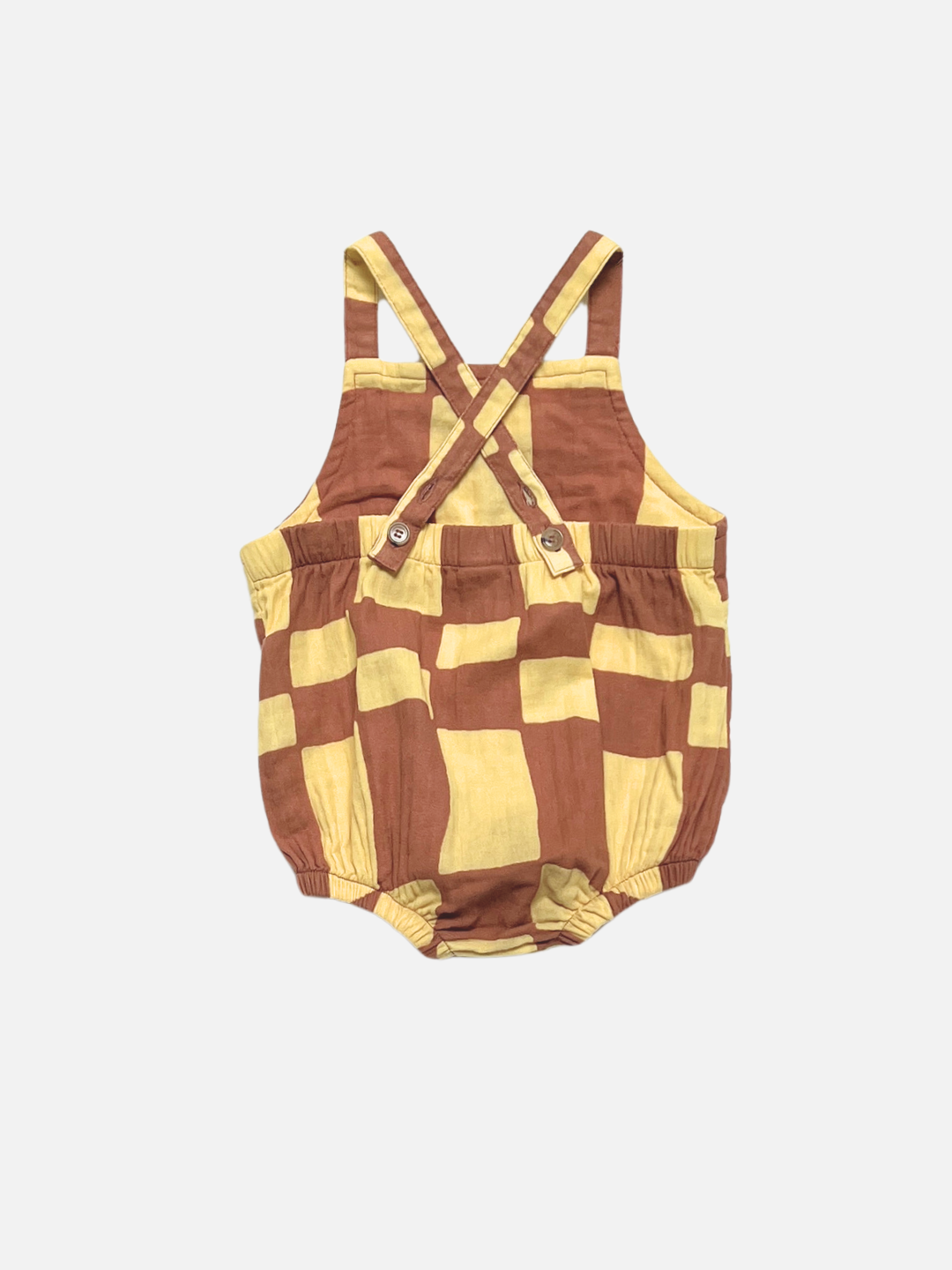 Yellow Checkers | Back view of yellow and brown checkered romper on a white background, showing the straps crossed in back.