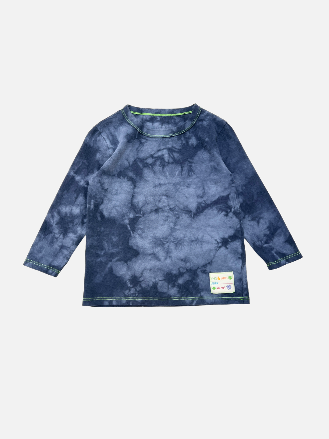 Pacific Blue | The COSMO TIE DYE LONG SLEEVE in Pacific Blue features green stitching and a white patch label on the lower front, inspired by Los Angeles style, shown on a plain white background.