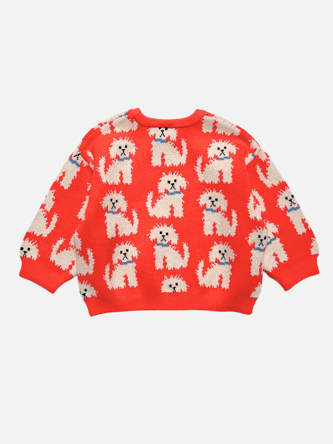 An orange knit sweater with a repeating pattern of white fluffy dog illustrations, shown flat against a light gray background.