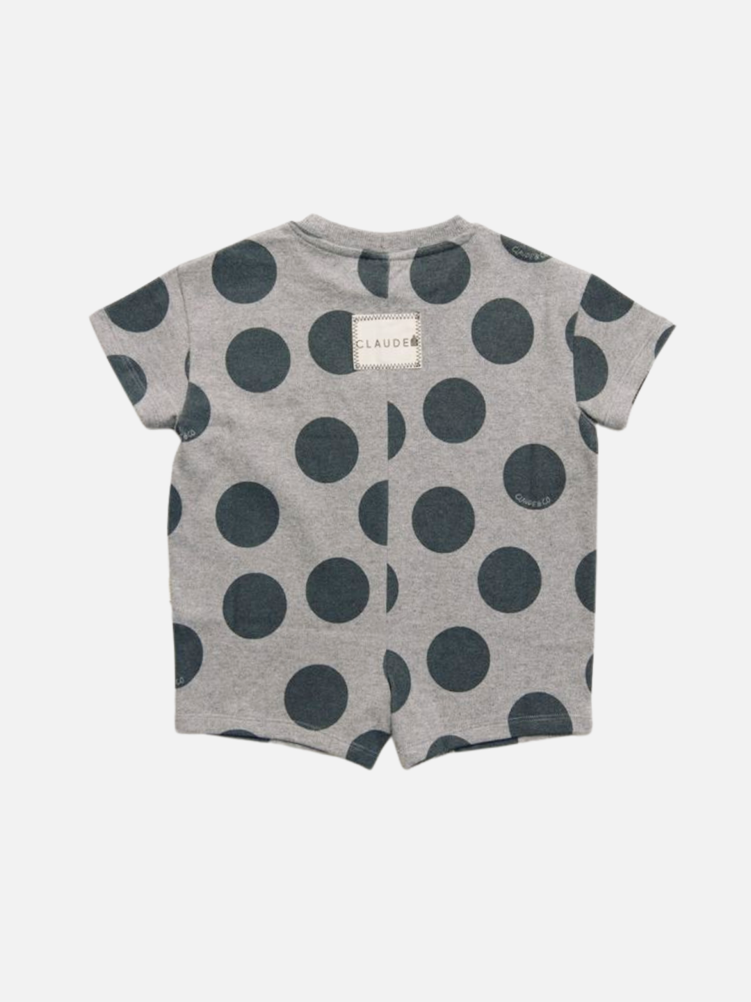 The OPAL MARL SPOT ROMPER is a gray short-sleeve romper featuring large black polka dots and a small white label on the upper back.