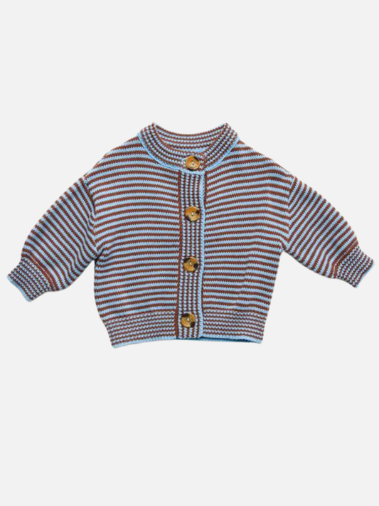 Image of The EMIL COCO SKY STRIPE CARDIGAN is a knitted children's cardigan featuring blue, white, and brown horizontal stripes with four brown buttons on the front.