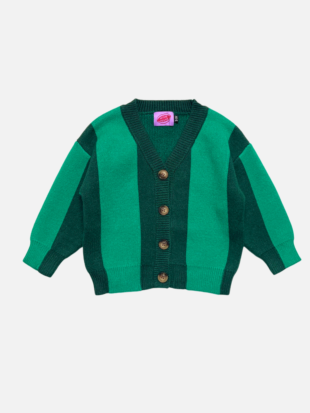 A green and dark green striped knit kids cardigan sweater with brown buttons, displayed flat against a light gray background.