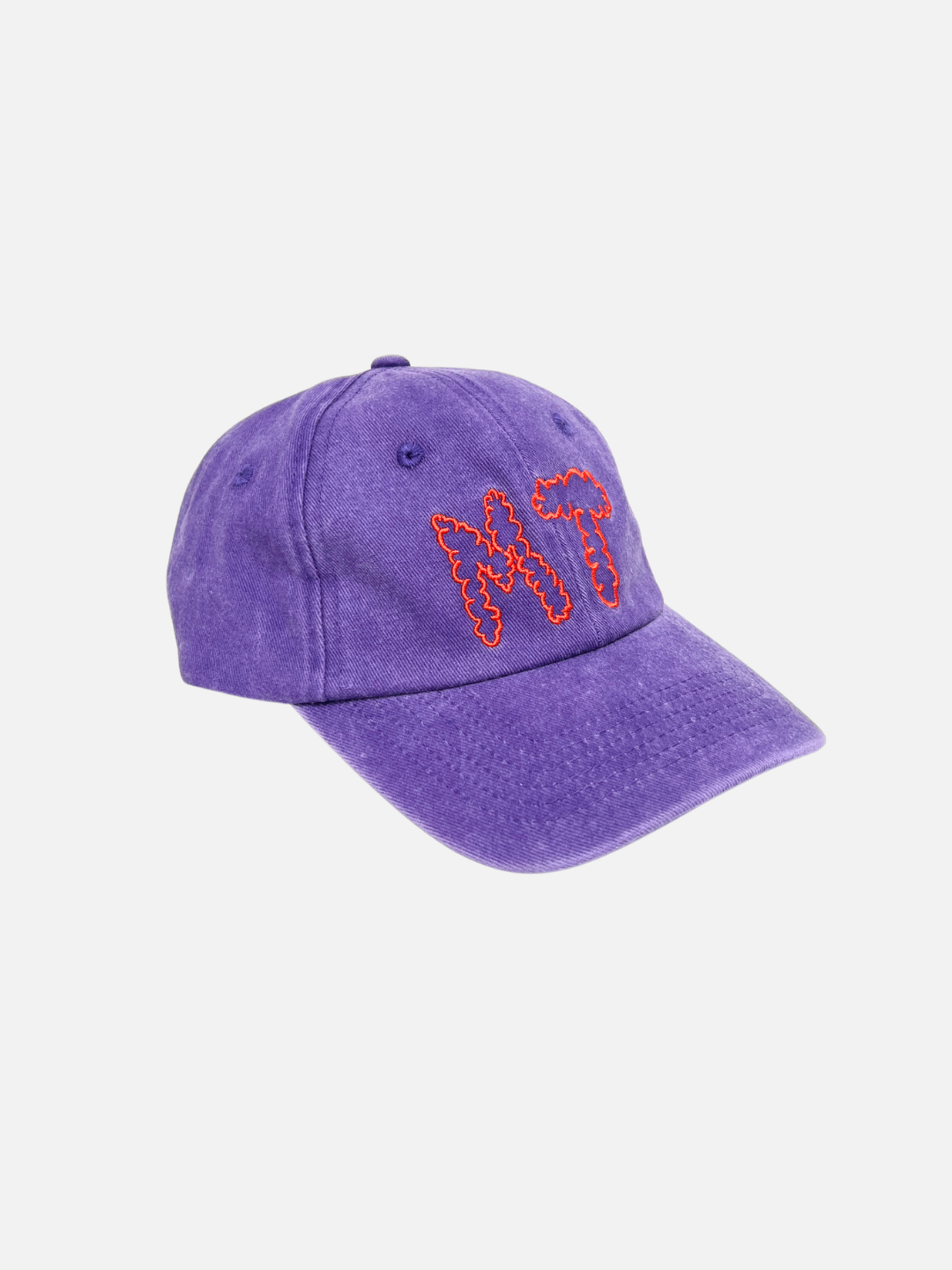 The MT DAD CAP is a purple cotton canvas baseball cap featuring "MT" for Milk Teeth embroidered in orange and red on the front, shown against a plain white background.
