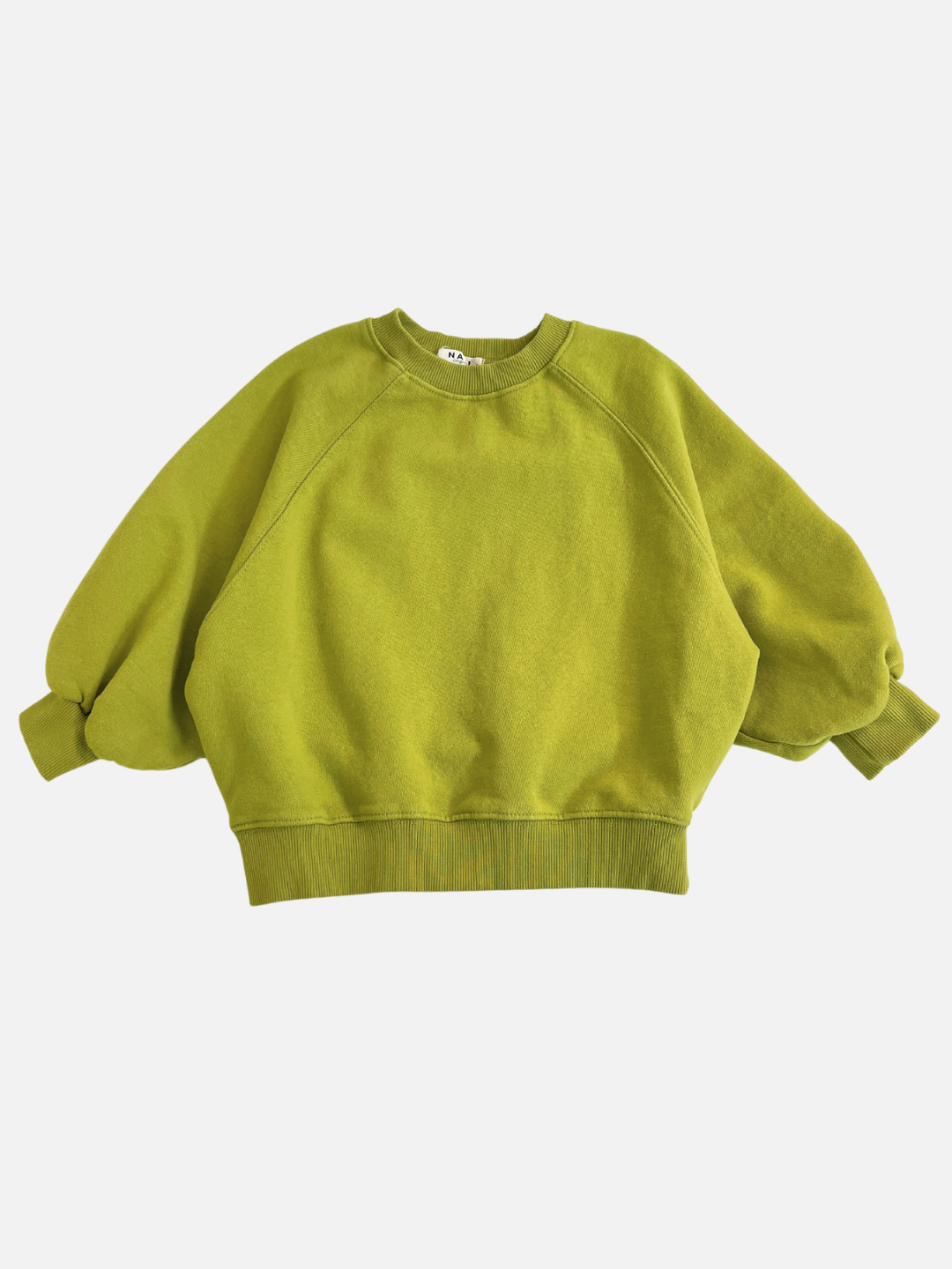 Green | Loose-fitting PLAYDATE SWEATSHIRT in green garment-dyed cotton terry, featuring a wide neckline and tapered cuffs, displayed on a plain white background.