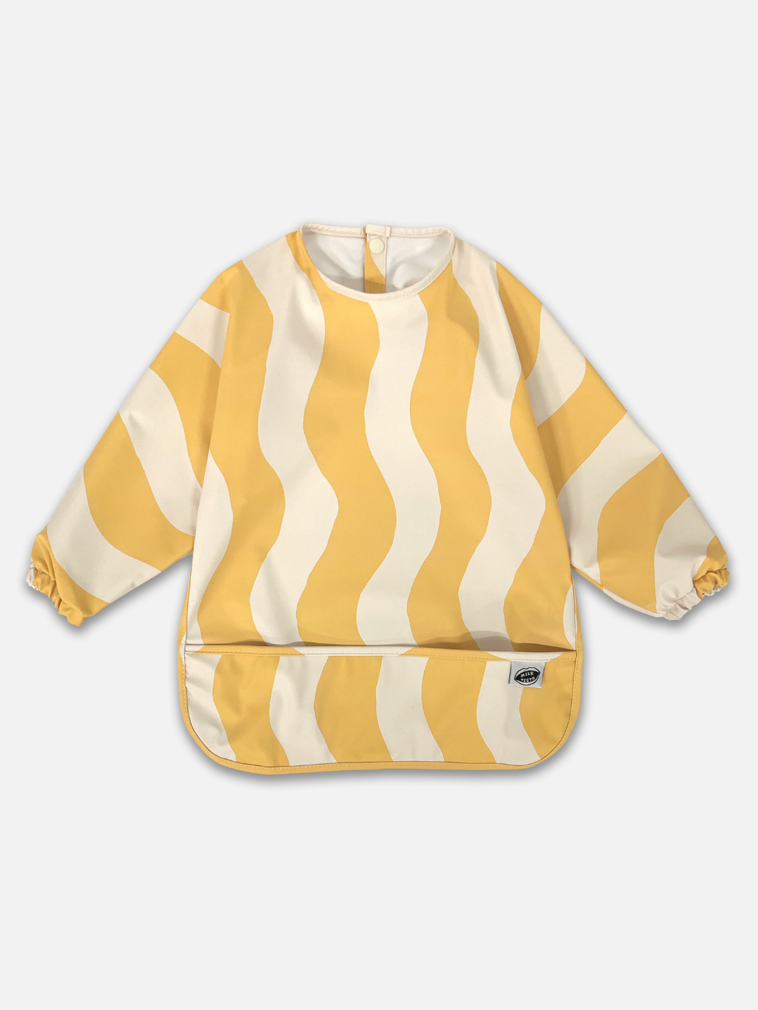 A front view  of the long sleeve yellow and white wavy bib and a front pocket.