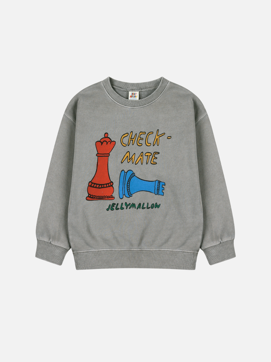 Image of The CHECKMATE PIGMENT SWEATSHIRT is a grey sweatshirt with a graphic of a red chess queen, a toppled blue king, and the words "CHECK-MATE," "JELLYMALLOW," plus playful cost and tariff references on the front.
