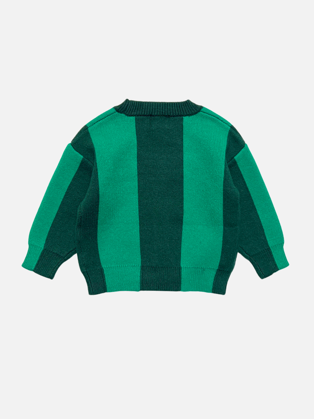 A green and dark green striped knit kids sweater shown from the back, featuring long sleeves and ribbed cuffs and hem, on a light gray background.