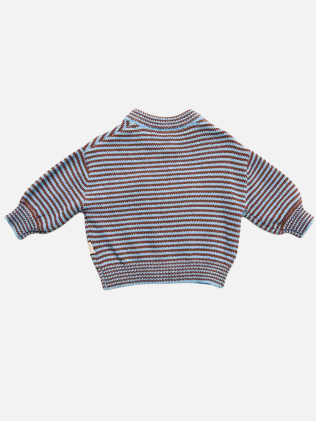 The EMIL COCO SKY STRIPE CARDIGAN is a long-sleeve knit sweater featuring horizontal red, white, and blue stripes, displayed flat on a white background.