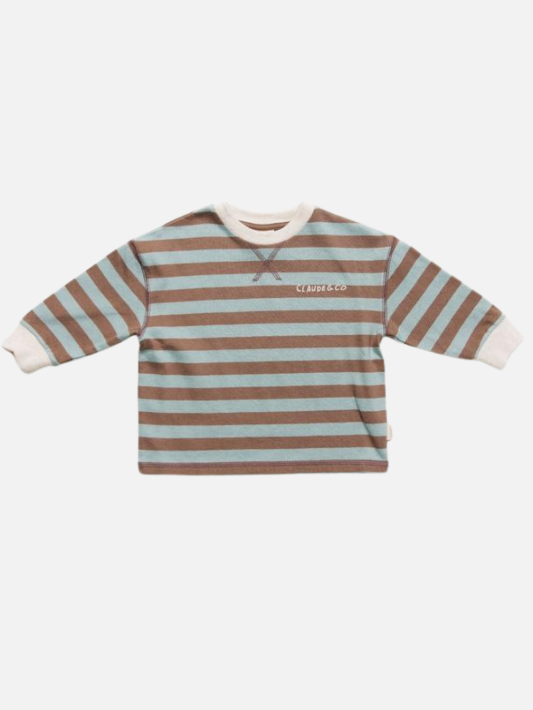The RUE CHOC STRIPE LONG SLEEVE TEE is a children's top featuring brown and light blue horizontal stripes, white cuffs and collar, plus small text on the left chest.