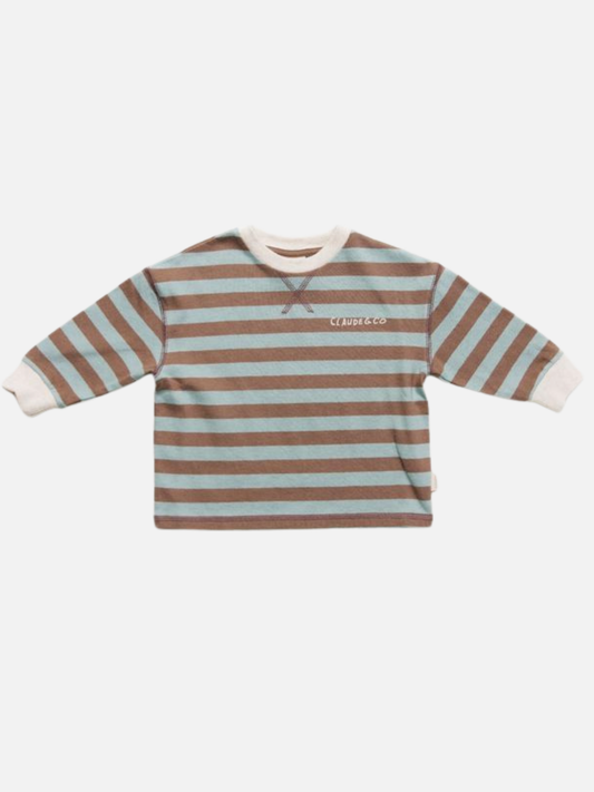 Image of The RUE CHOC STRIPE LONG SLEEVE TEE is a children's top featuring brown and light blue horizontal stripes, white cuffs and collar, plus small text on the left chest.