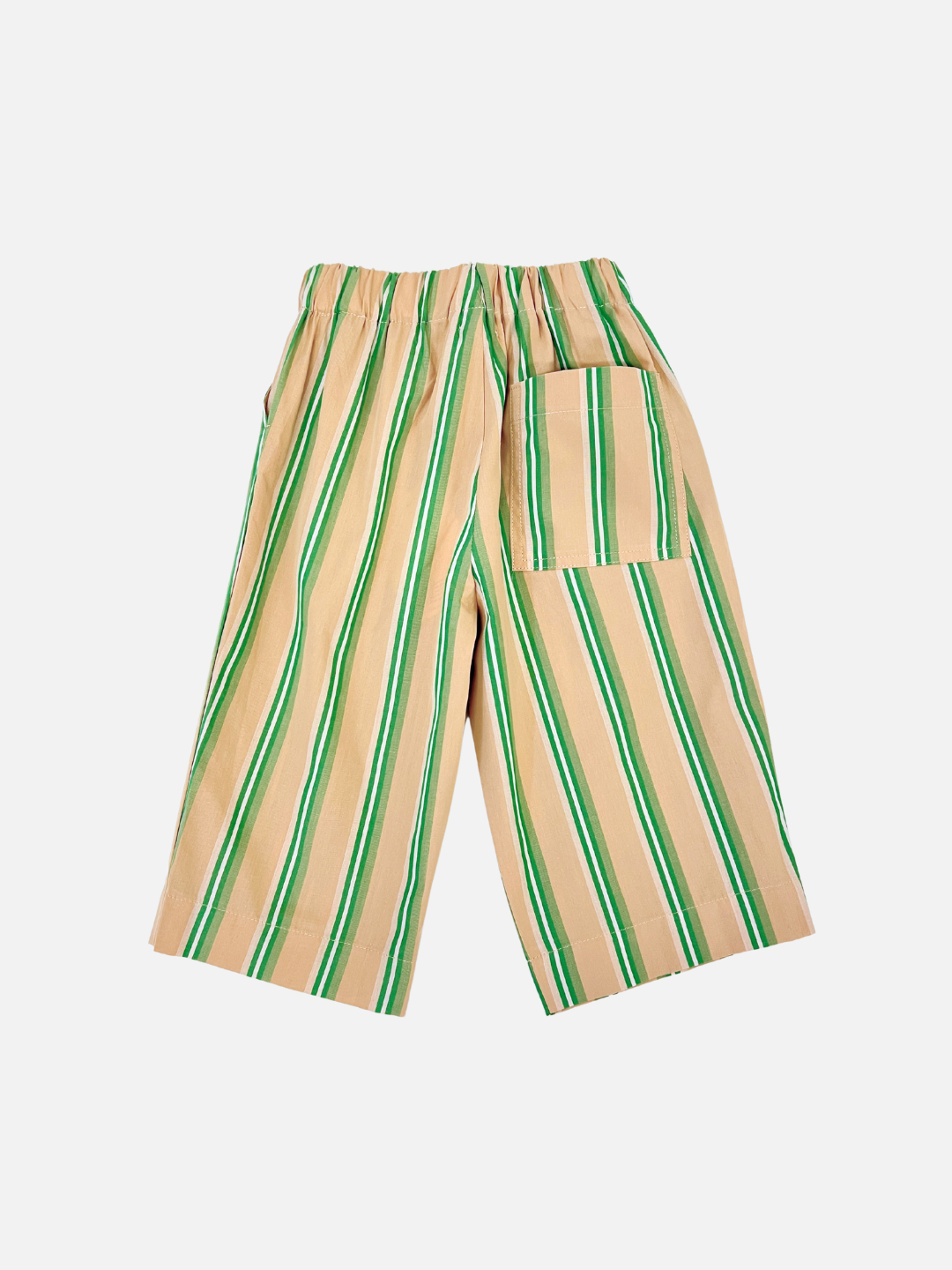 The EVER WIDE-LEG STRAIGHT STRIPED TROUSER in beige, featuring vertical green and white stripes, is crafted from soft organic cotton. Its unisex design for children includes an elastic waistband and a large side pocket, blending comfort with style.