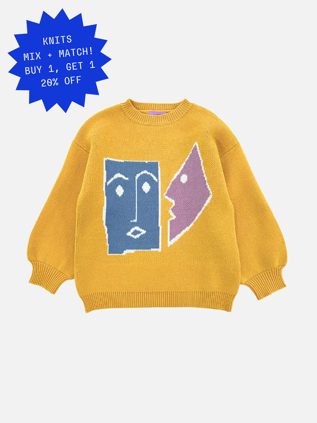 Marigold | Yellow TEATIME SWEATER featuring a minimalist design of two abstract faces in blue and pink on the front. Ideal for product pairs; see photos for full view and measurements.
