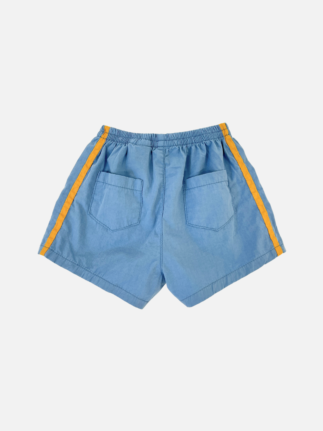 Back view of the kids' sky blue shorts with yellow stripes on the sides and two back pockets. 