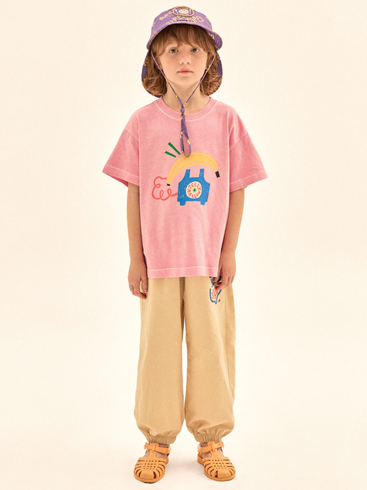 Second image of Pink t-shirt with colorful graphic design on a white background